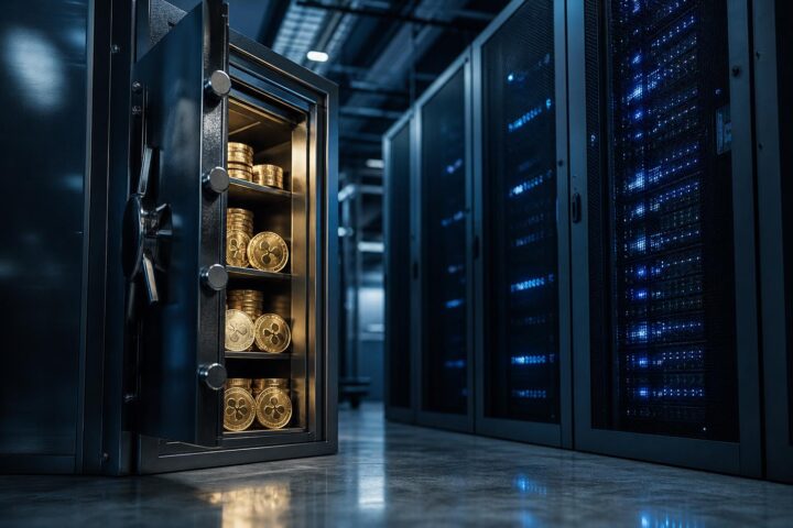 Ein geöffneter Tresor mit goldfarbenen Münzen steht neben Server-Racks mit blauen LEDs in einem modernen Data-Center.