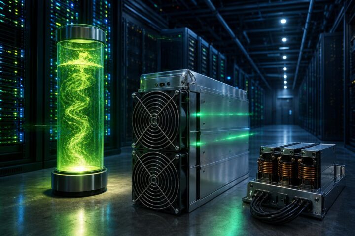 Ein moderner ASIC-Mining-Rig steht neben einem Glasbehälter mit grüner Flüssigkeit in einem Serverraum mit blinkenden